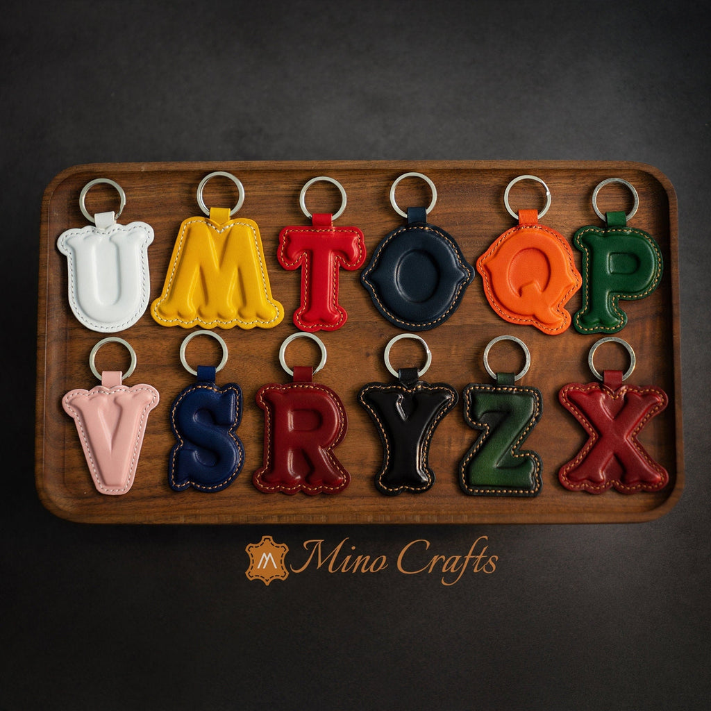 Leather Initial Charm Keychain Accessories - Handcrafted Personalized Leather Initial Piece - With keyring