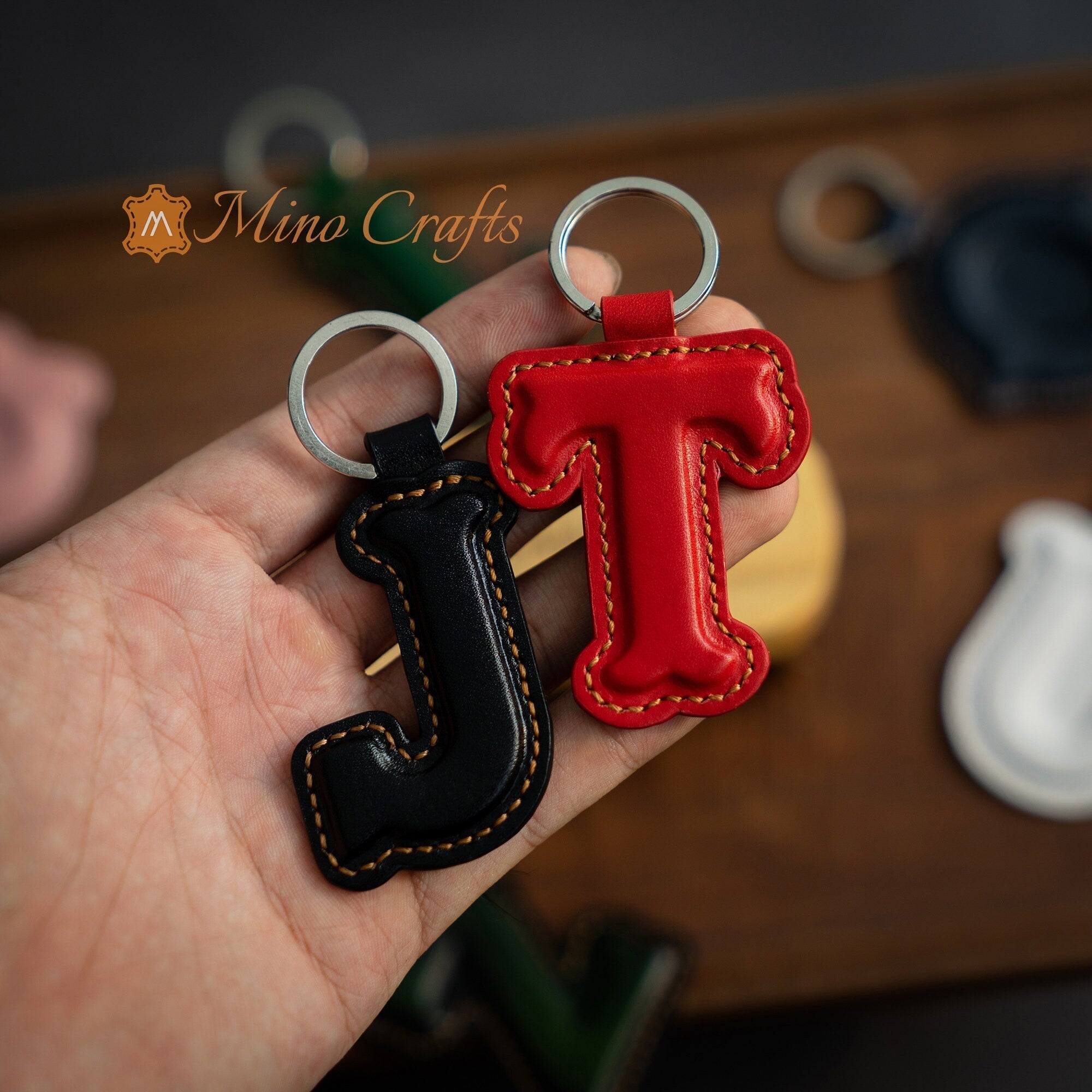 Leather Initial Charm Keychain Accessories - Handcrafted Personalized Leather Initial Piece - With keyring