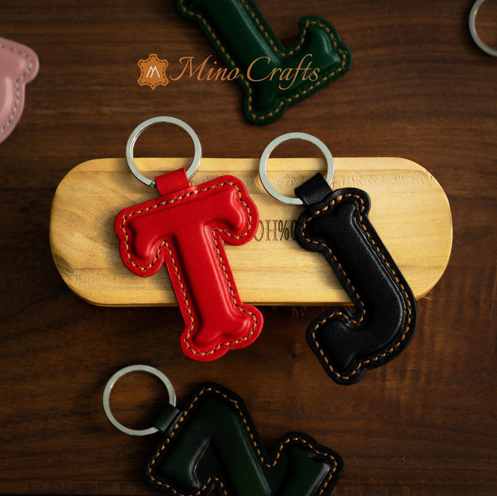Leather Initial Charm Keychain Accessories - Handcrafted Personalized Leather Initial Piece - With keyring