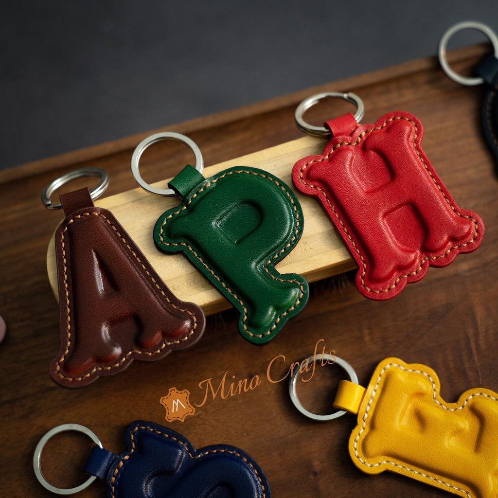 Leather Initial Charm Keychain Accessories - Handcrafted Personalized Leather Initial Piece - With keyring