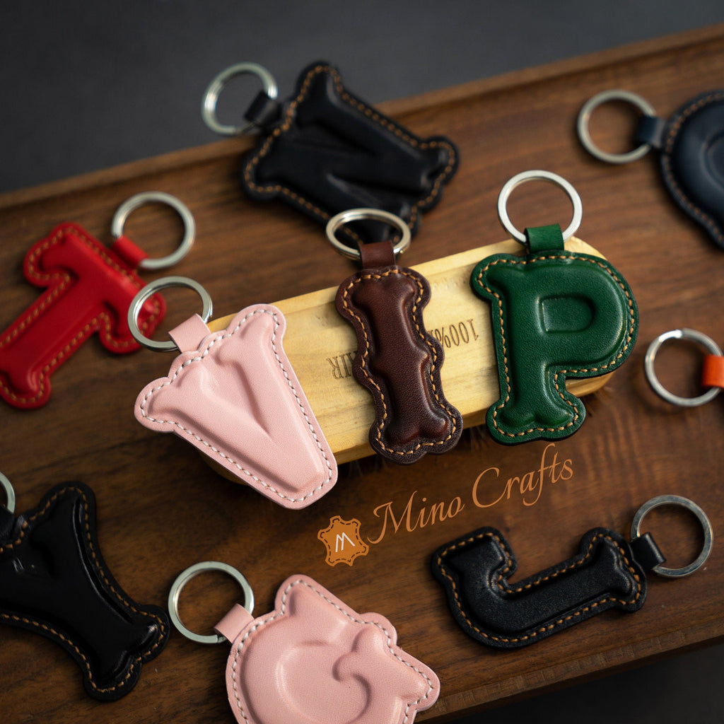 Leather Initial Charm Keychain Accessories - Handcrafted Personalized Leather Initial Piece - With keyring