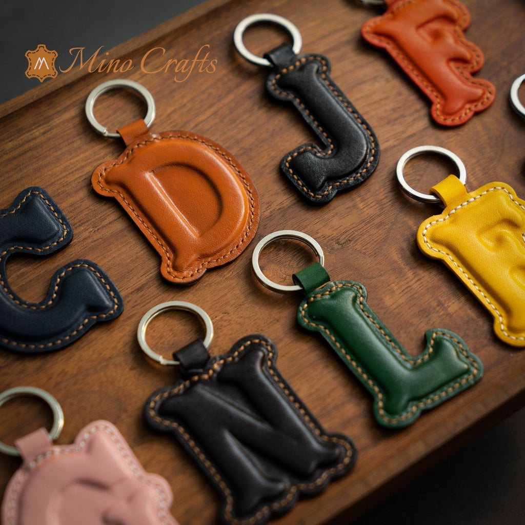 Leather Initial Charm Keychain Accessories - Handcrafted Personalized Leather Initial Piece - With keyring