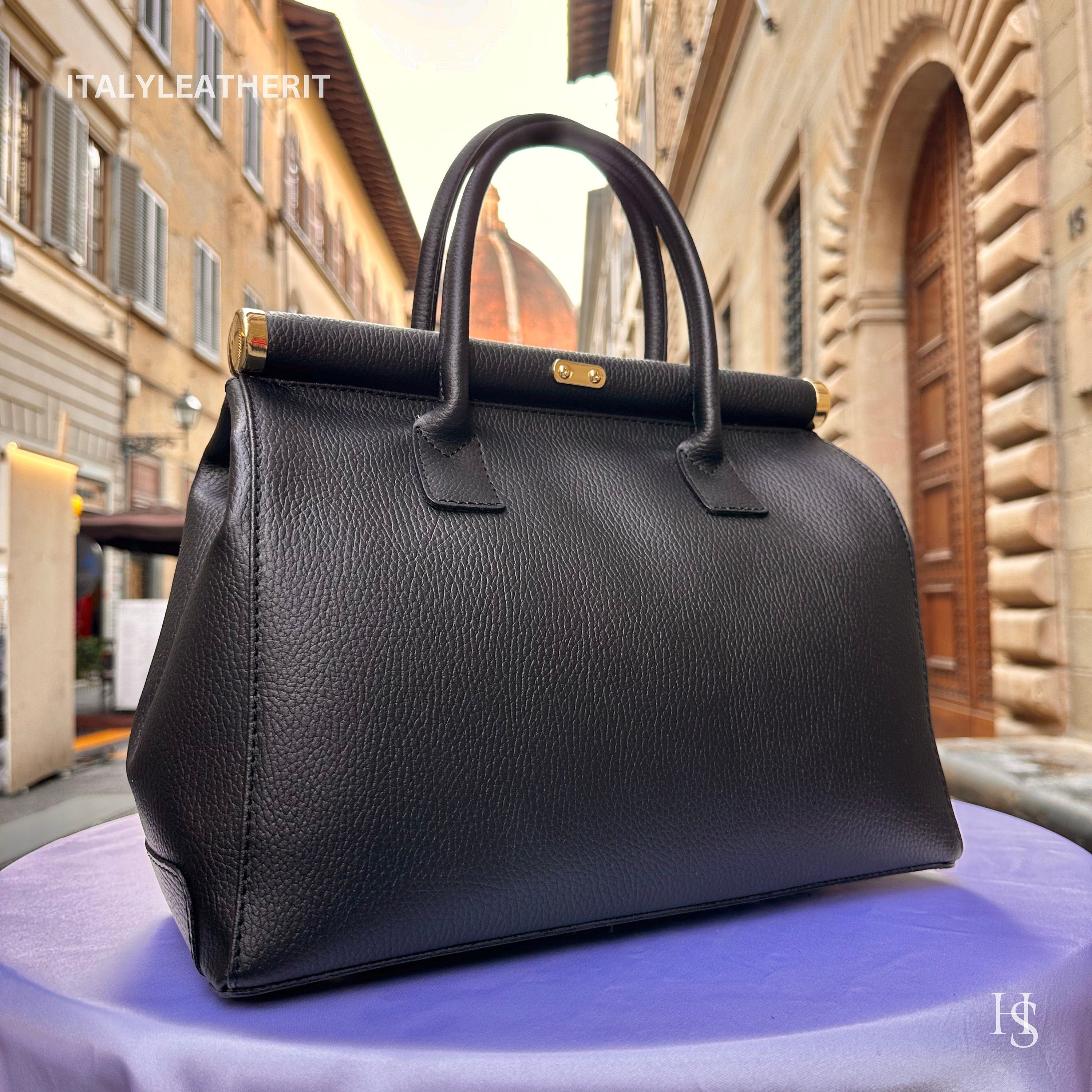 Italian Handmade Leather Bags For Woman l l Elegant Leather Tote From Florence, Black bag, Lock bag