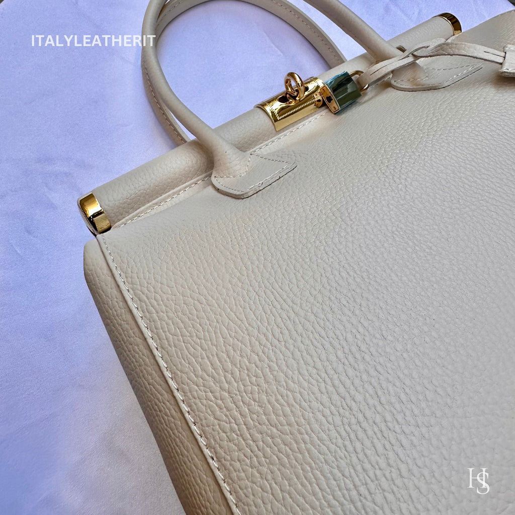 Italian Handmade  Leather Tote Bag, Cream Shoulder Handbag with Lock, Minimalist Purse
