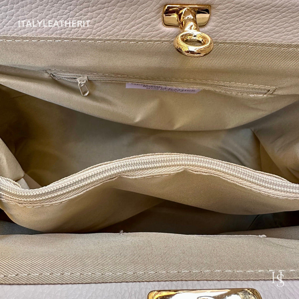 Italian Handmade  Leather Tote Bag, Cream Shoulder Handbag with Lock, Minimalist Purse