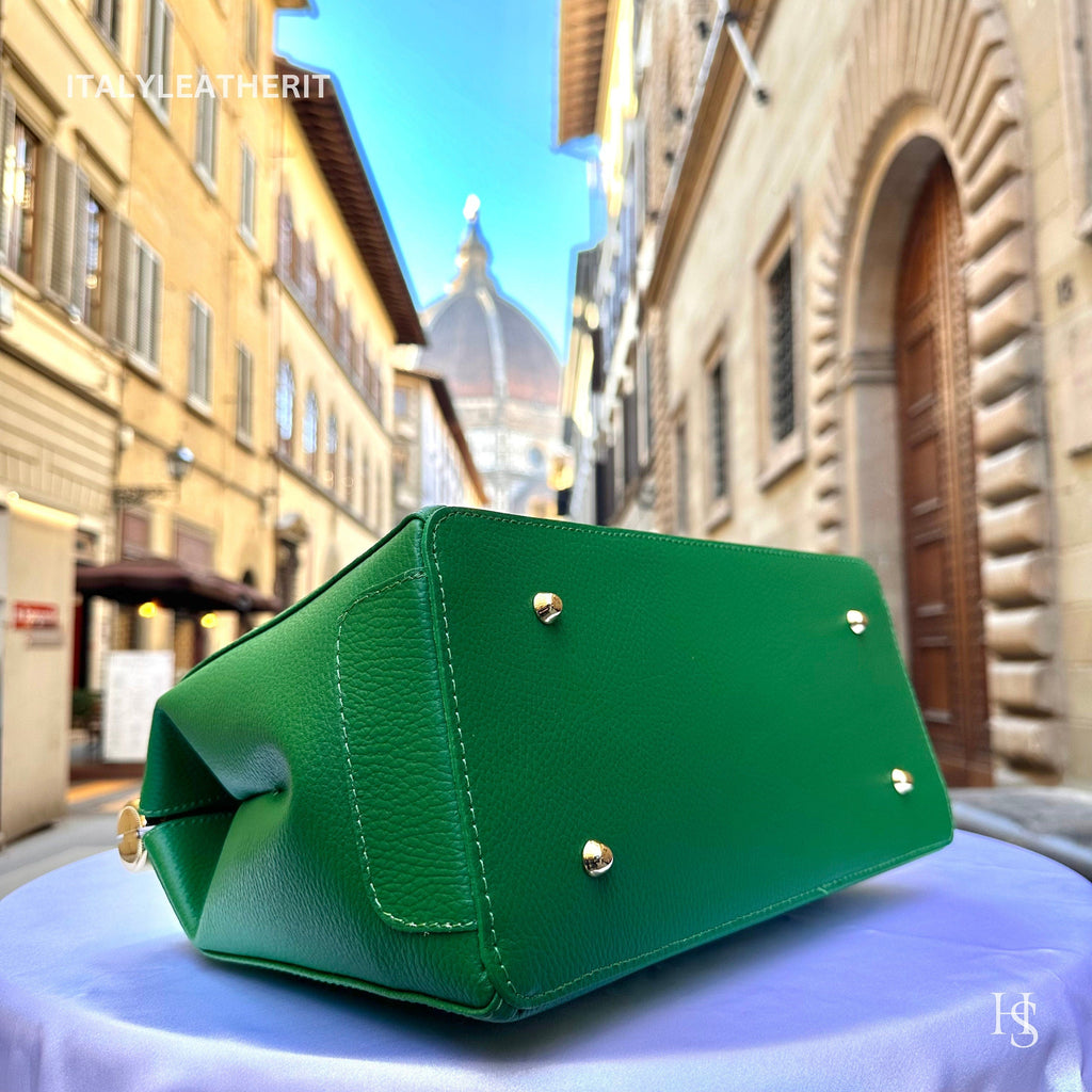Italian Handmade Leather Bag For Woman Tote From Florence, Green Color, with Lock