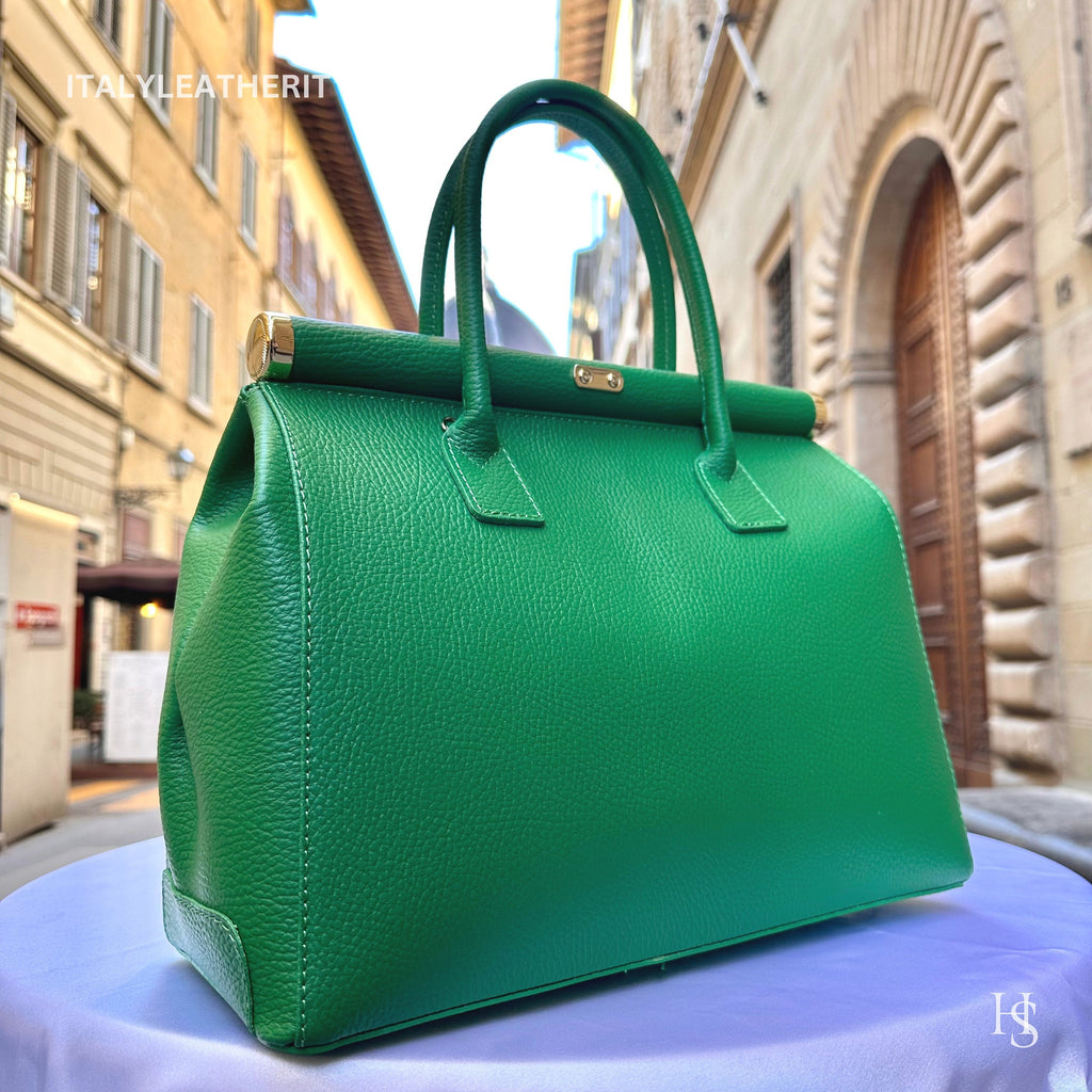 Italian Handmade Leather Bag For Woman Tote From Florence, Green Color, with Lock