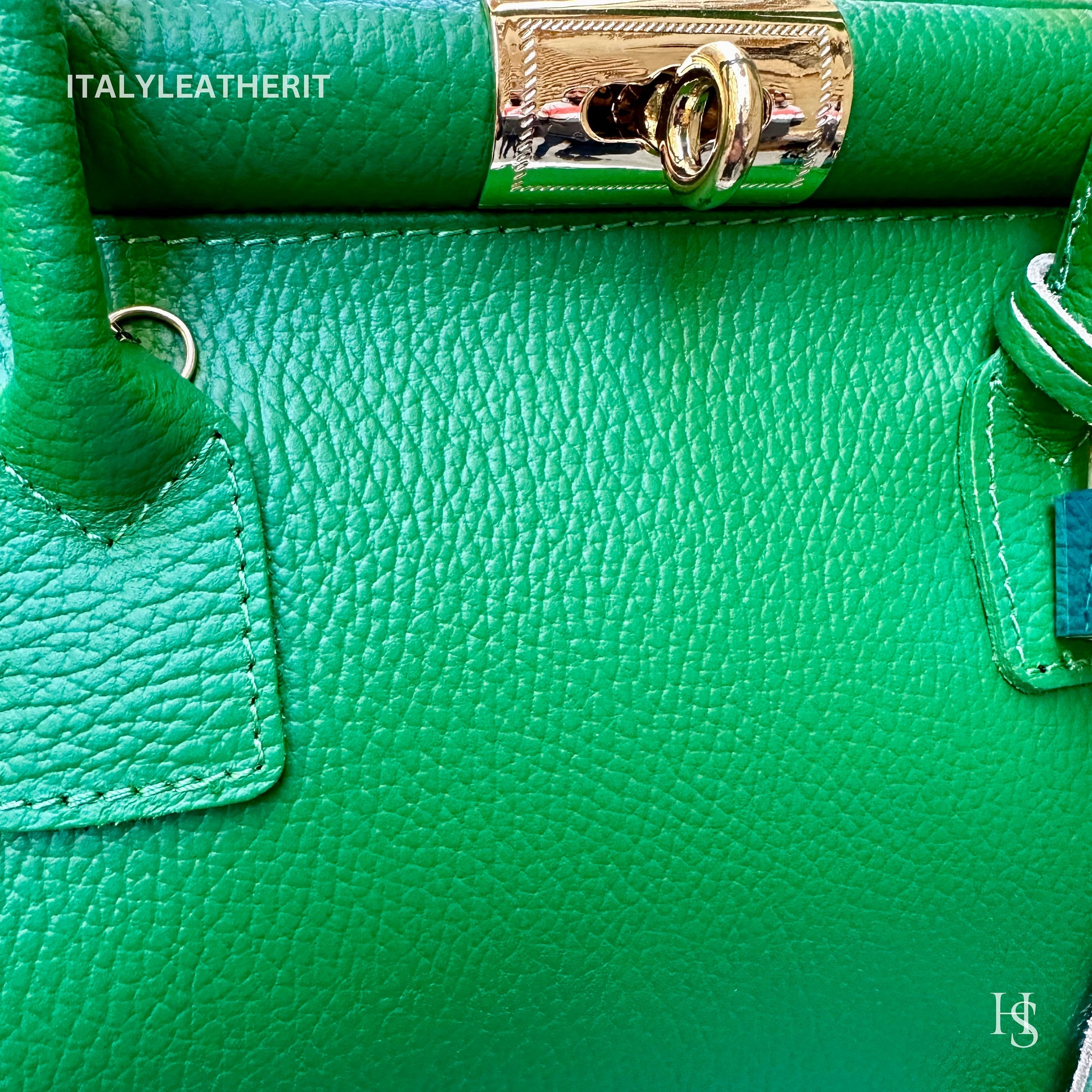 Italian Handmade Leather Bag For Woman Tote From Florence, Green Color, with Lock