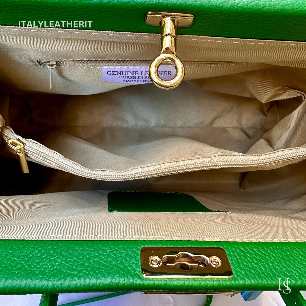 Italian Handmade Leather Bag For Woman Tote From Florence, Green Color, with Lock