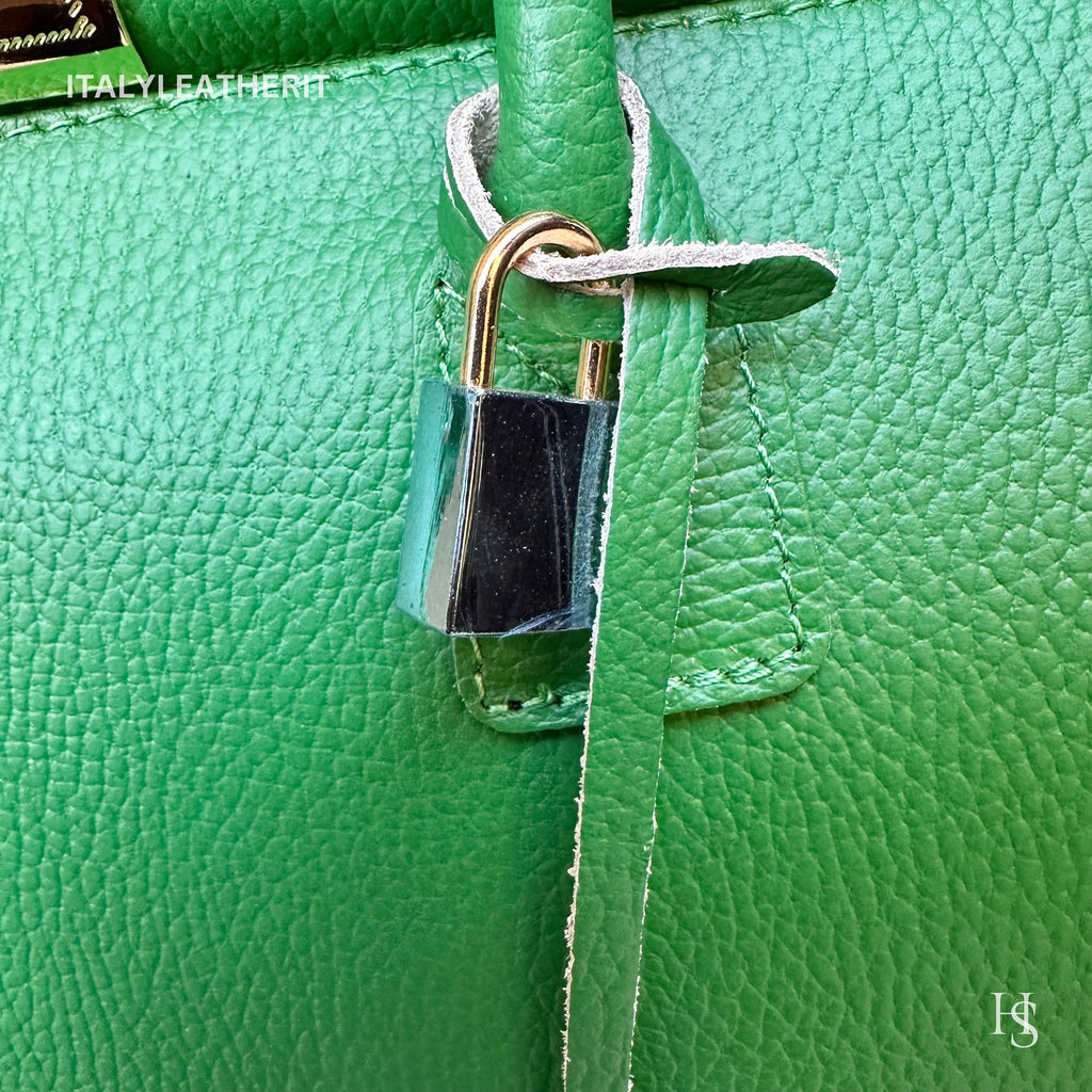 Italian Handmade Leather Bag For Woman Tote From Florence, Green Color, with Lock