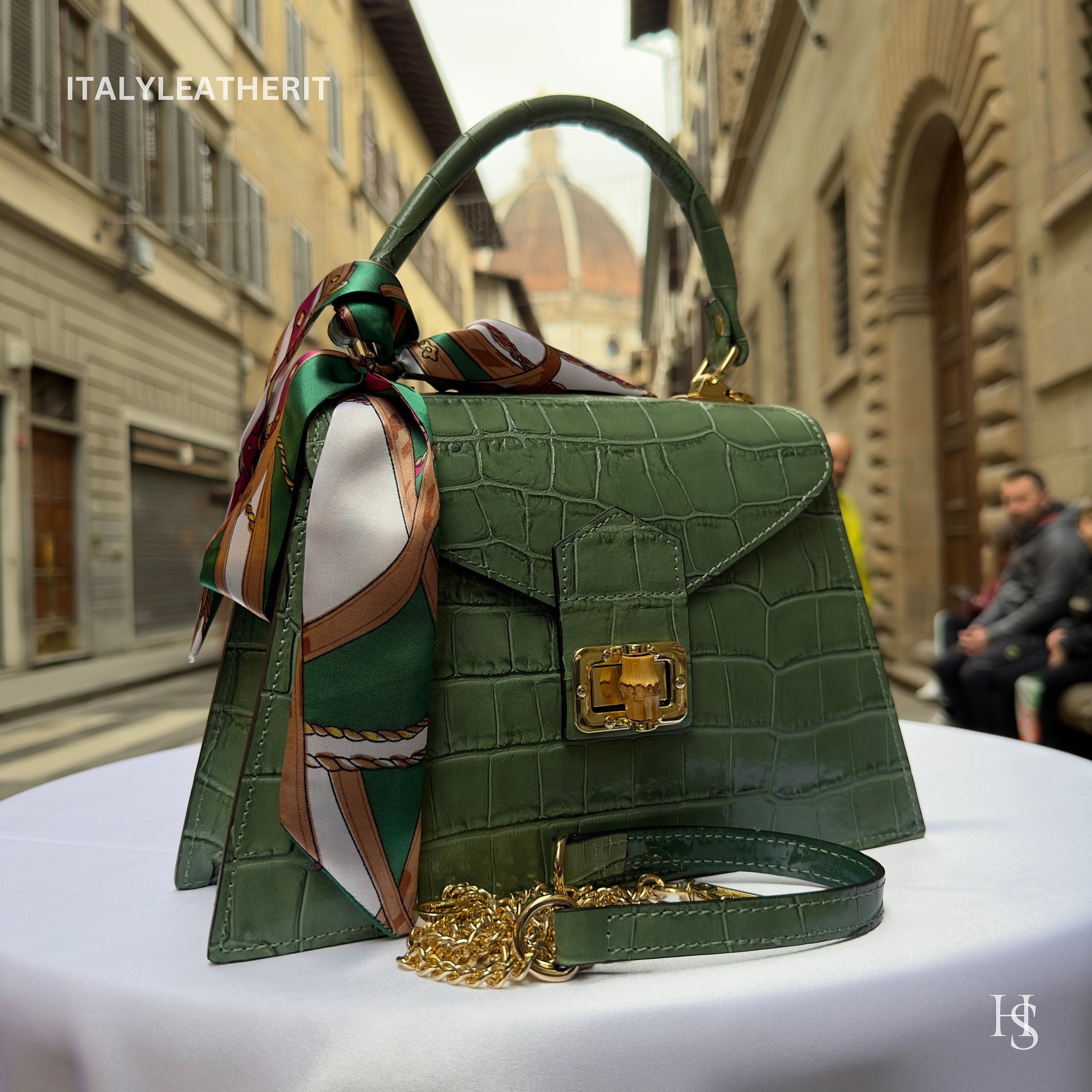 Handmade Italian Leather Tote Bag – Elegant Top Handle Purse with Scarf