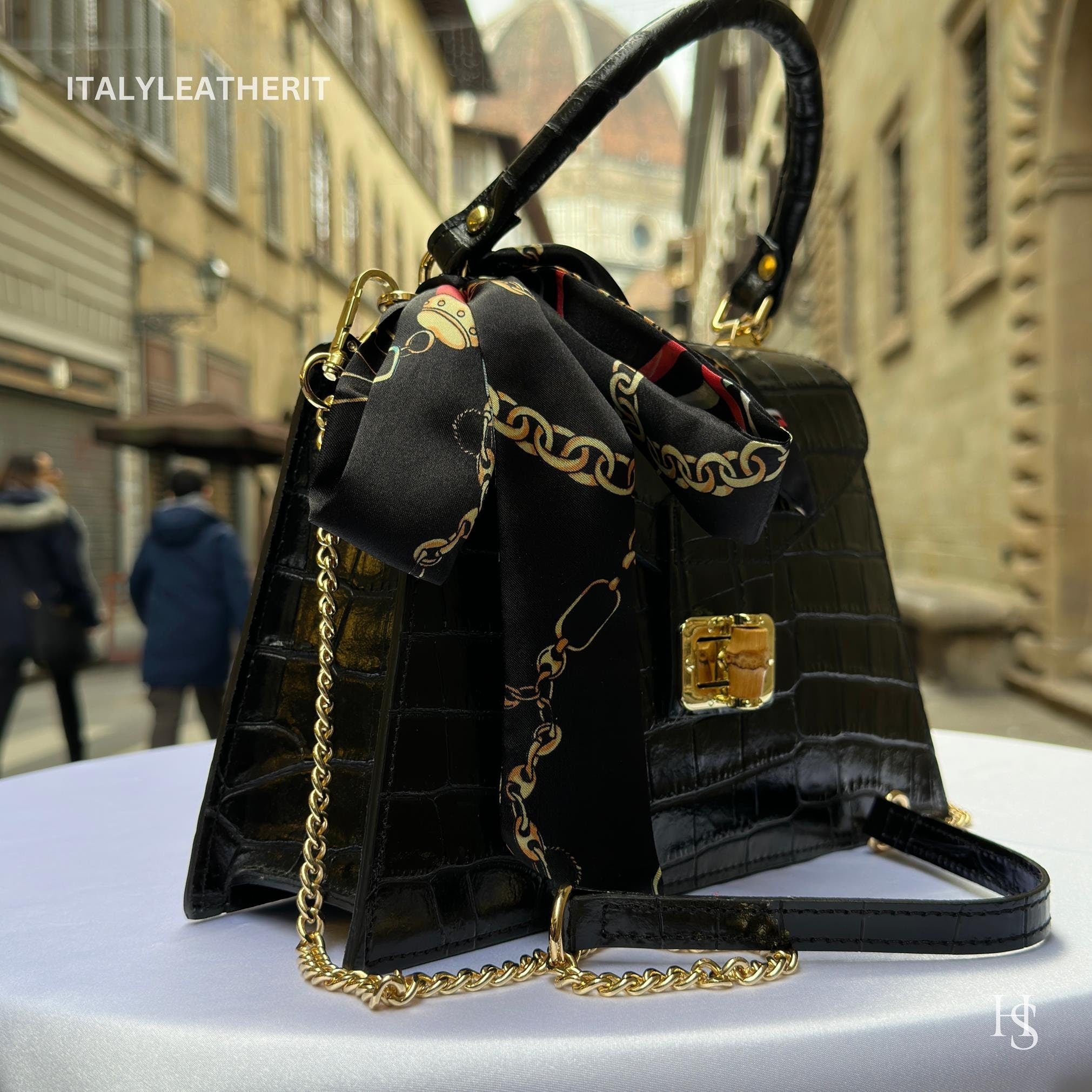 Italian Leather Tote Bag – Elegant Top Handle Purse with Scarf – Handmade in Florence