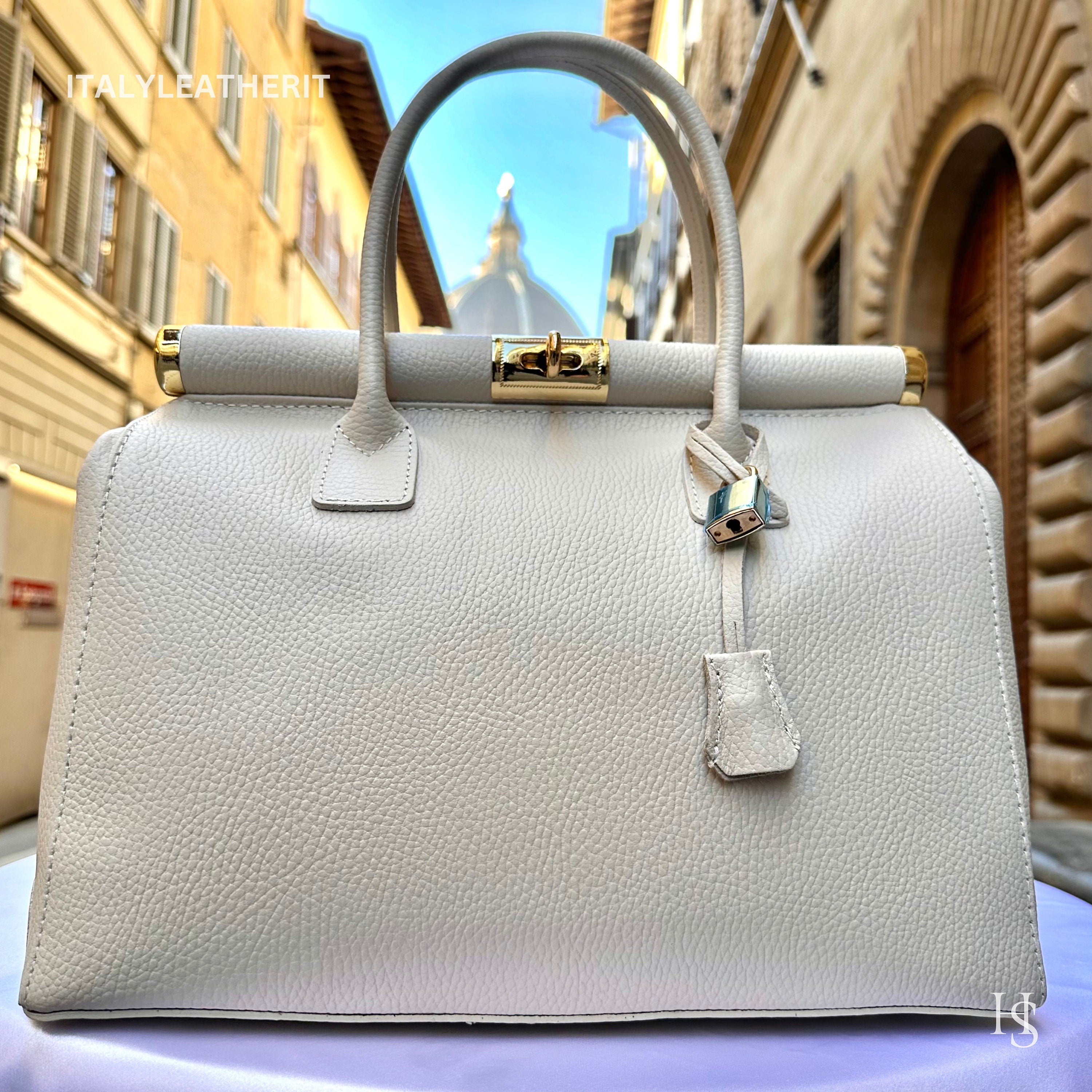 Italian Handmade  Leather Tote Bag, Cream Shoulder Handbag with Lock, Minimalist Purse