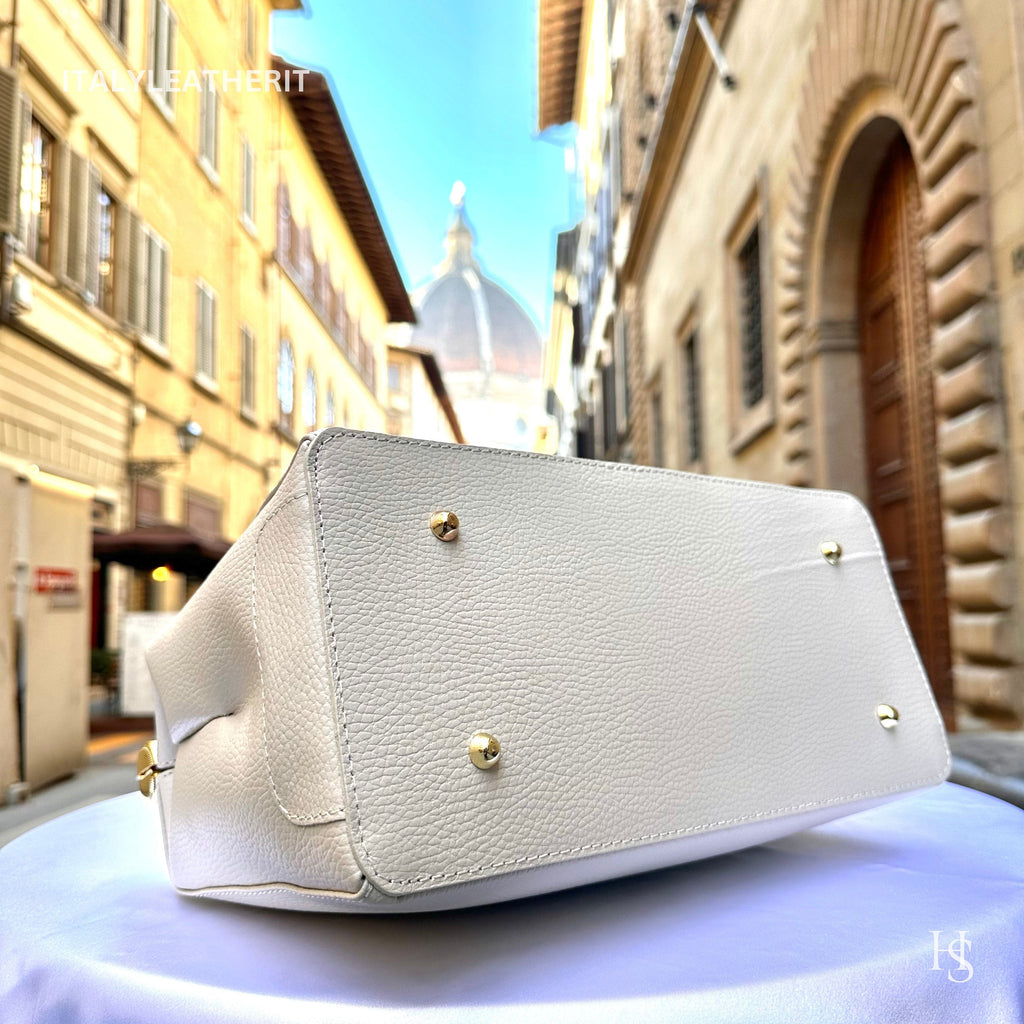 Italian Handmade  Leather Tote Bag, Cream Shoulder Handbag with Lock, Minimalist Purse
