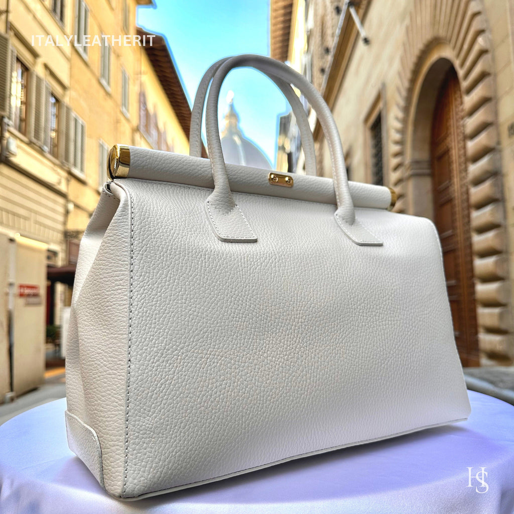Italian Handmade  Leather Tote Bag, Cream Shoulder Handbag with Lock, Minimalist Purse