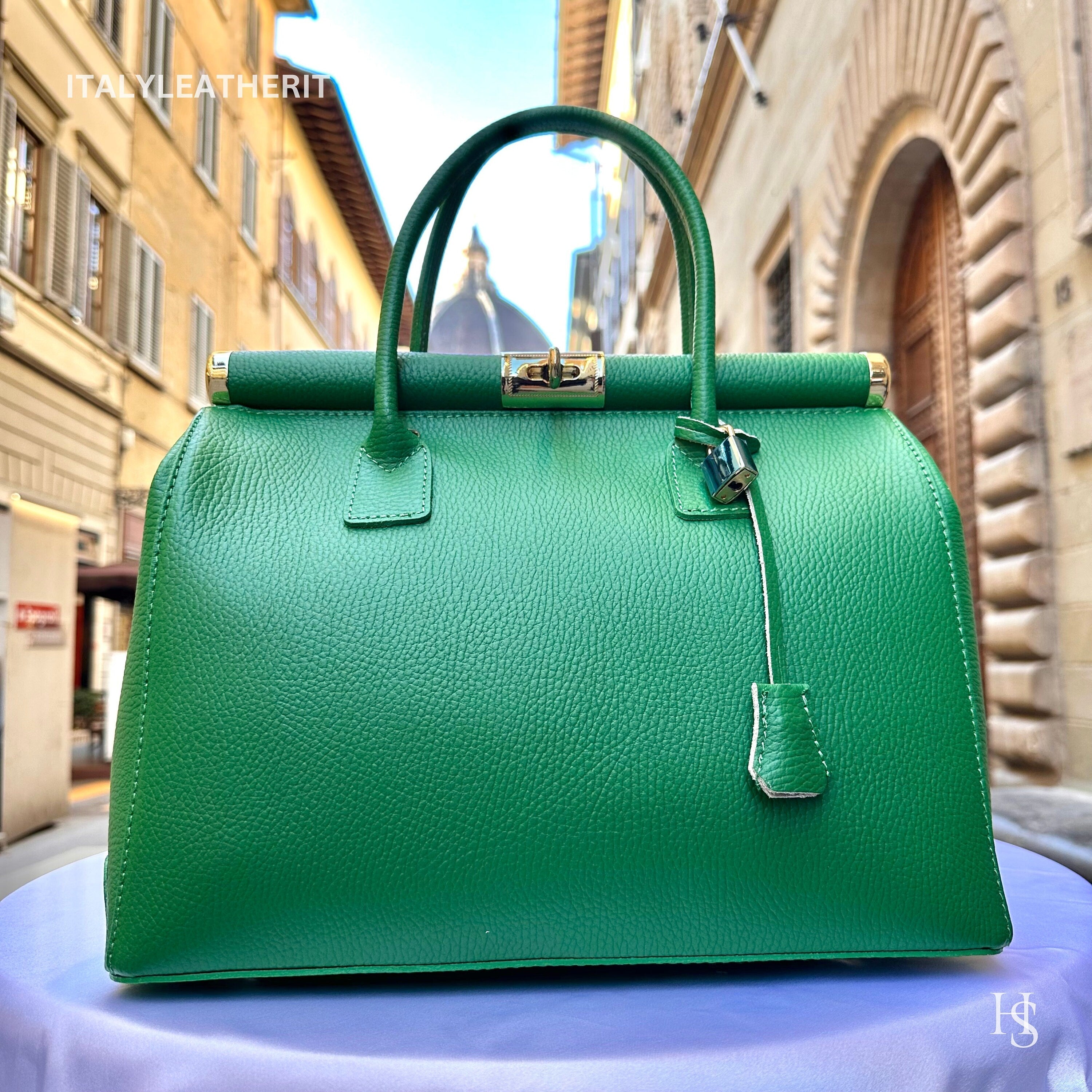 Italian Handmade Leather Bag For Woman Tote From Florence, Green Color, with Lock