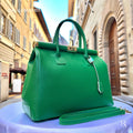 Italian Handmade Leather Bag For Woman Tote From Florence, Green Color, with Lock