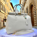 Italian Handmade  Leather Tote Bag, Cream Shoulder Handbag with Lock, Minimalist Purse
