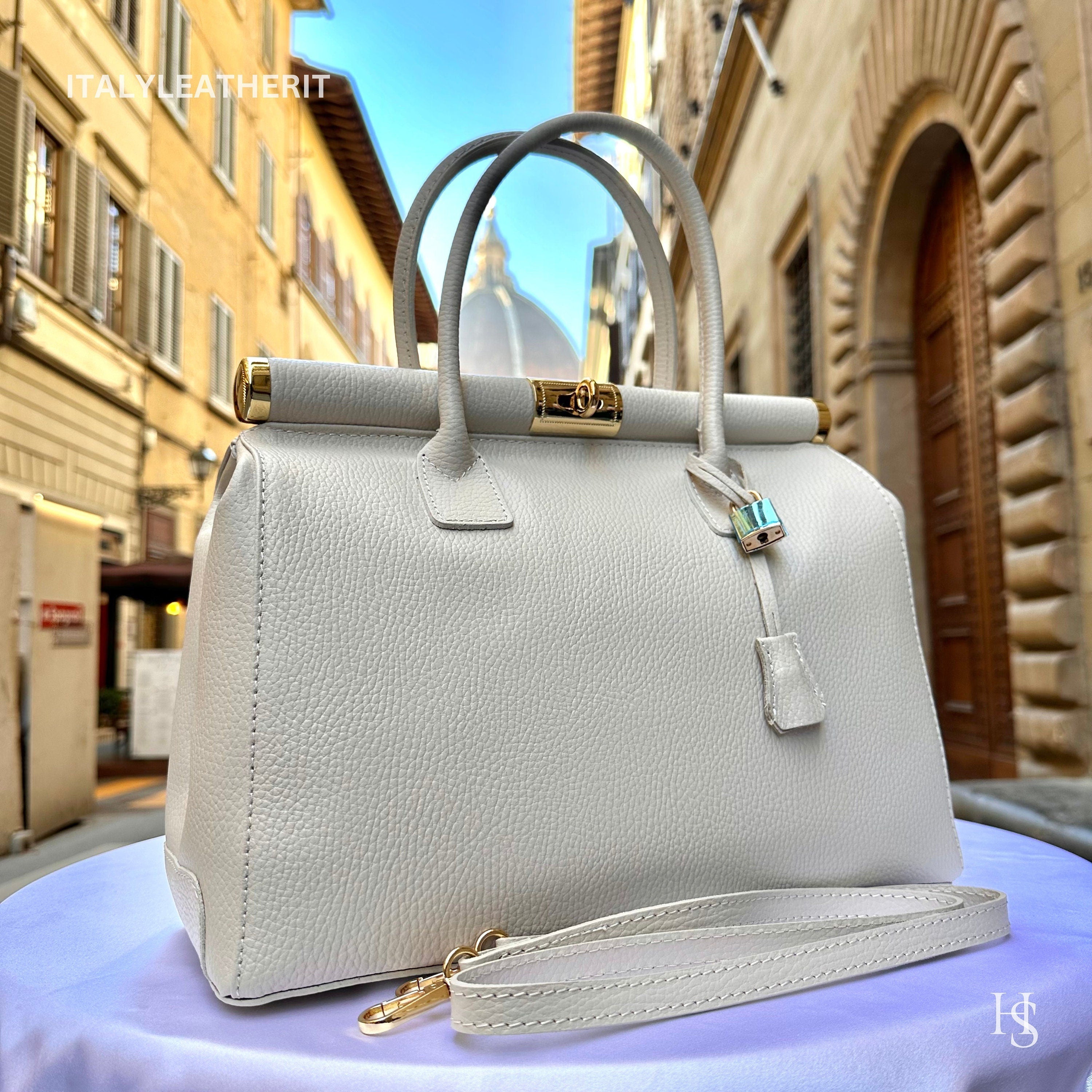 Italian Handmade  Leather Tote Bag, Cream Shoulder Handbag with Lock, Minimalist Purse