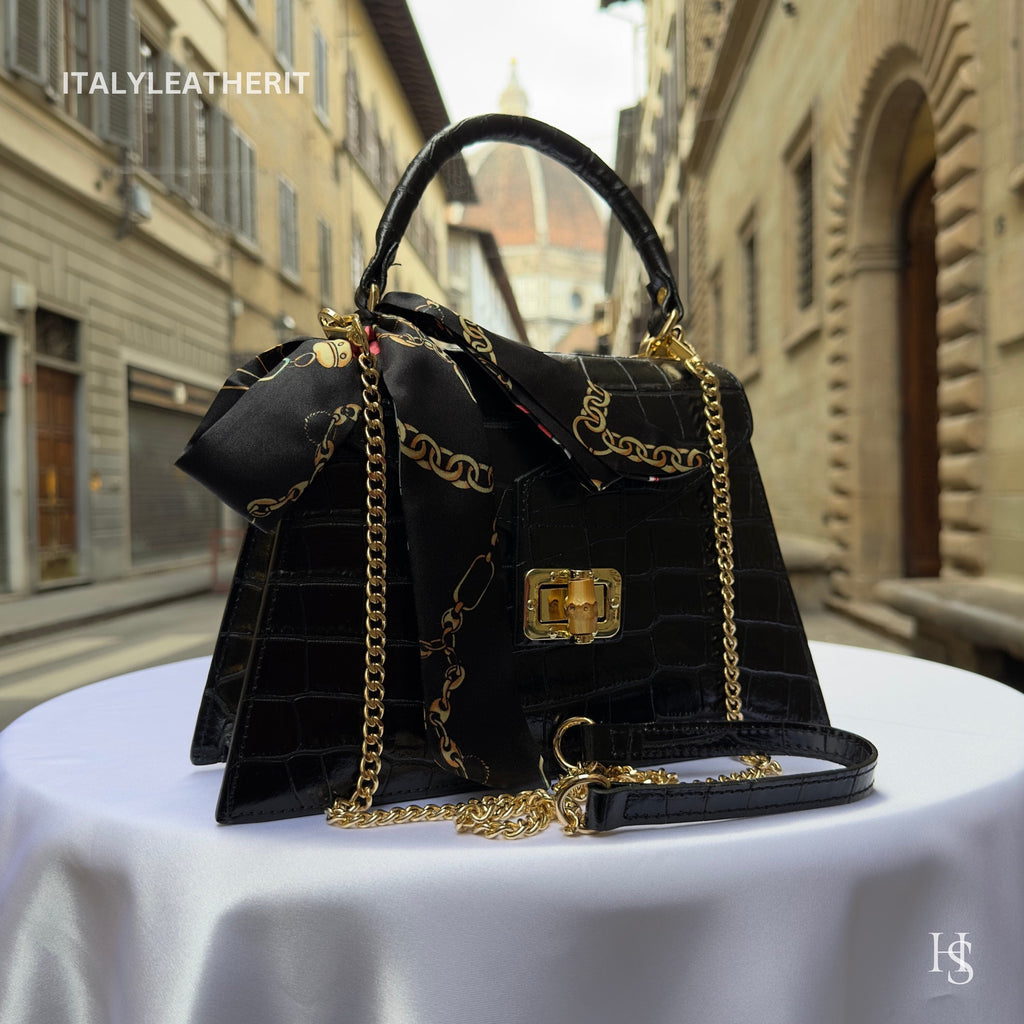 Italian Leather Tote Bag – Elegant Top Handle Purse with Scarf – Handmade in Florence