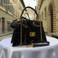 Italian Leather Tote Bag – Elegant Top Handle Purse with Scarf – Handmade in Florence
