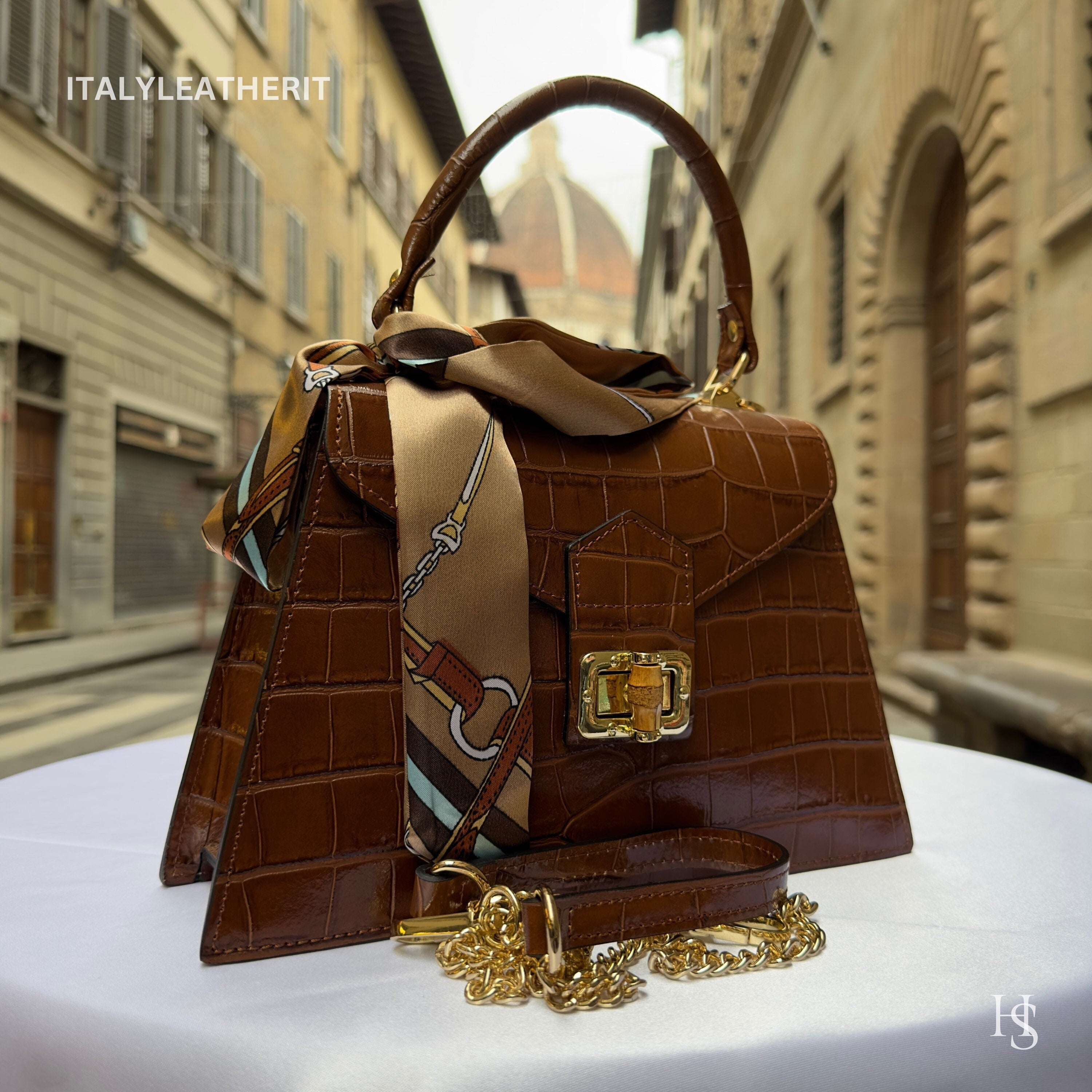 Brown Italian Leather Tote Bag – Elegant Top Handle Purse with Scarf