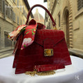 Dark Red Italian Leather Tote Bag – Elegant Top Handle Purse with Scarf – Handmade in Florence