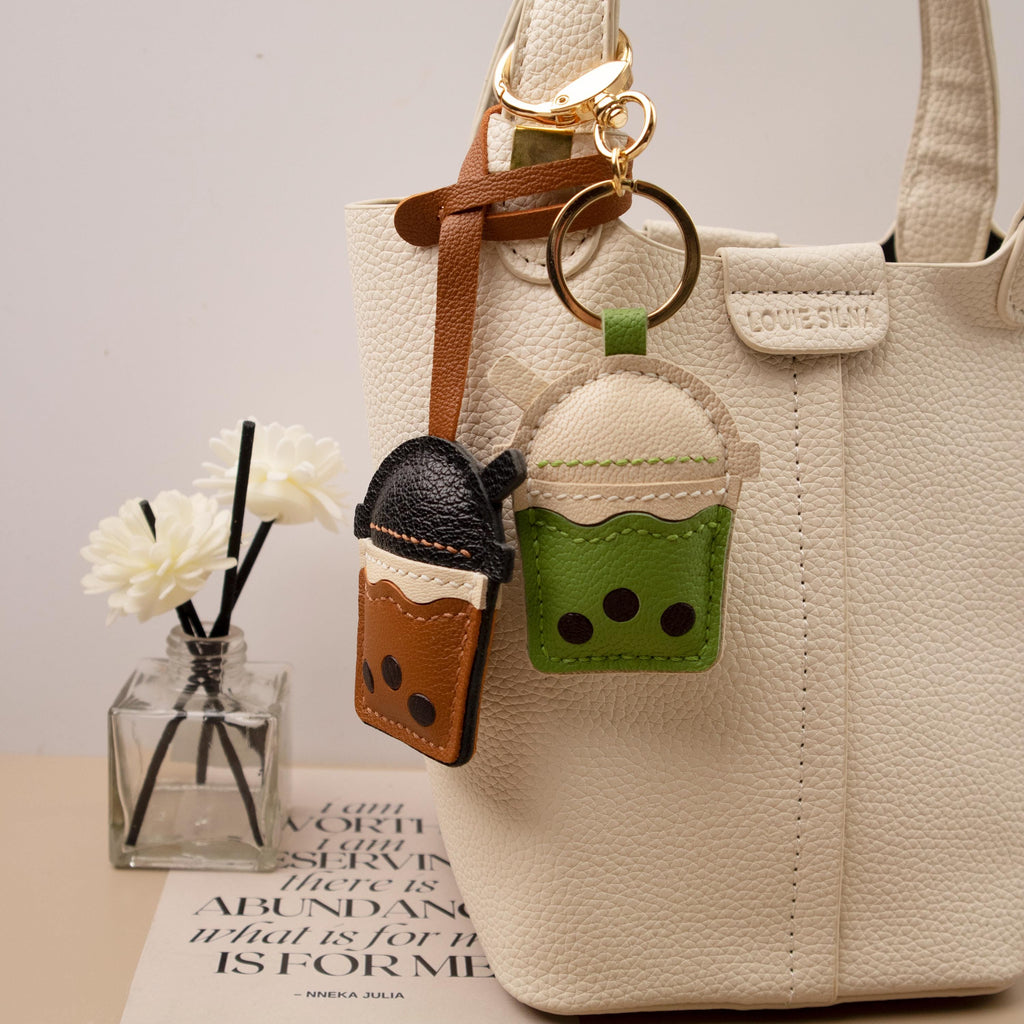 Leather BOBA bag Charm, Leather Bag Charm, Matcha tea Leather Handbag and Purse Charm, BOBA Keychain, Leather Gift, Bag Charm for Handbag