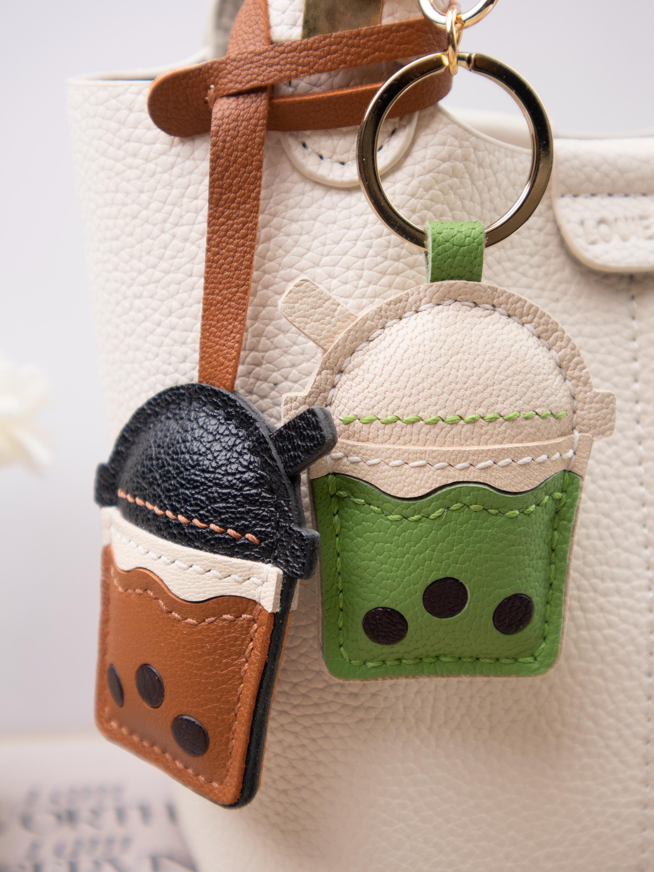 Leather BOBA bag Charm, Leather Bag Charm, Matcha tea Leather Handbag and Purse Charm, BOBA Keychain, Leather Gift, Bag Charm for Handbag