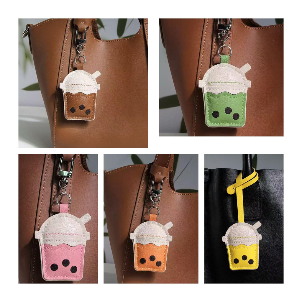 Leather BOBA bag Charm, Leather Bag Charm, Matcha tea Leather Handbag and Purse Charm, BOBA Keychain, Leather Gift, Bag Charm for Handbag