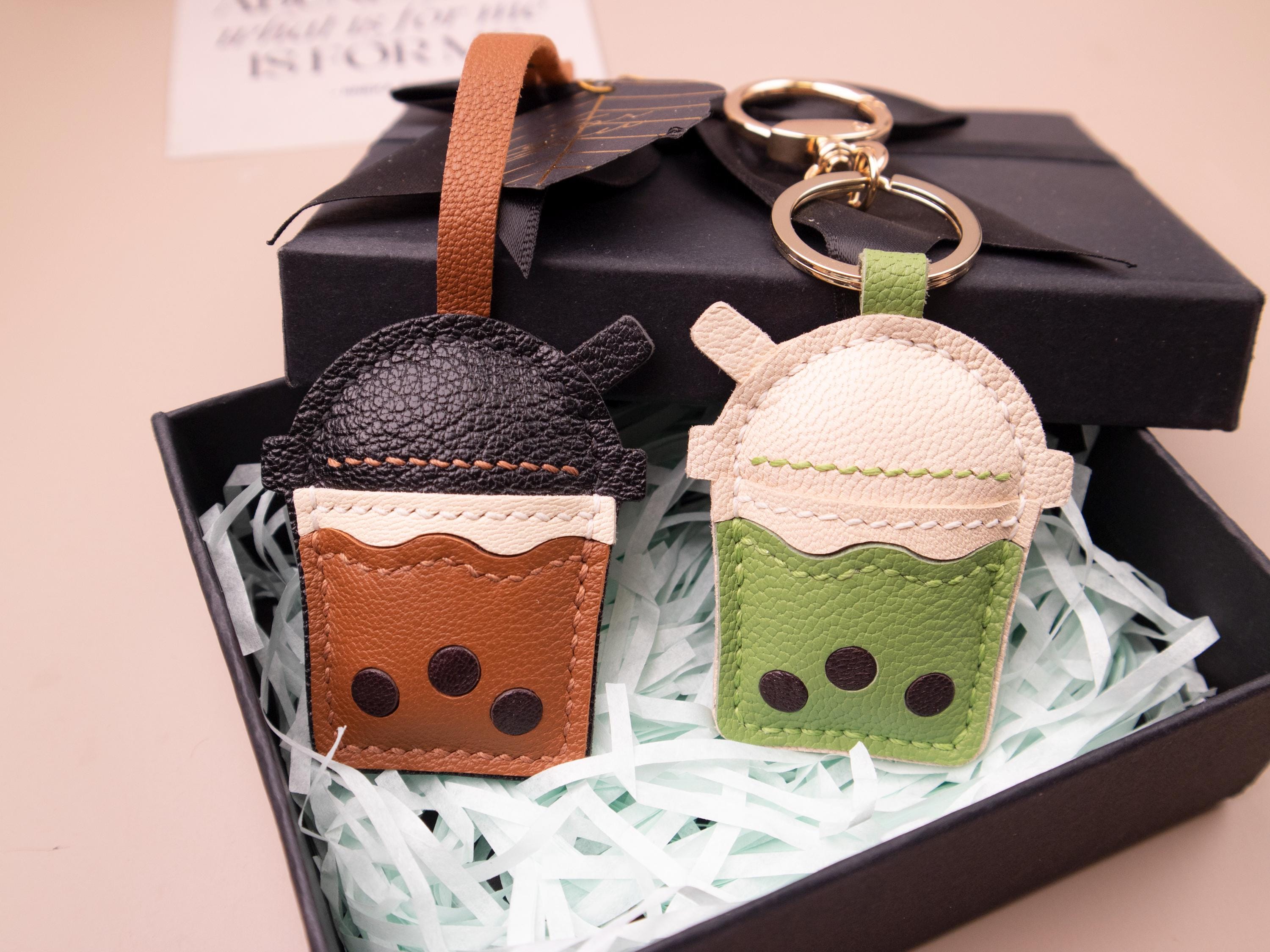 Leather BOBA bag Charm, Leather Bag Charm, Matcha tea Leather Handbag and Purse Charm, BOBA Keychain, Leather Gift, Bag Charm for Handbag