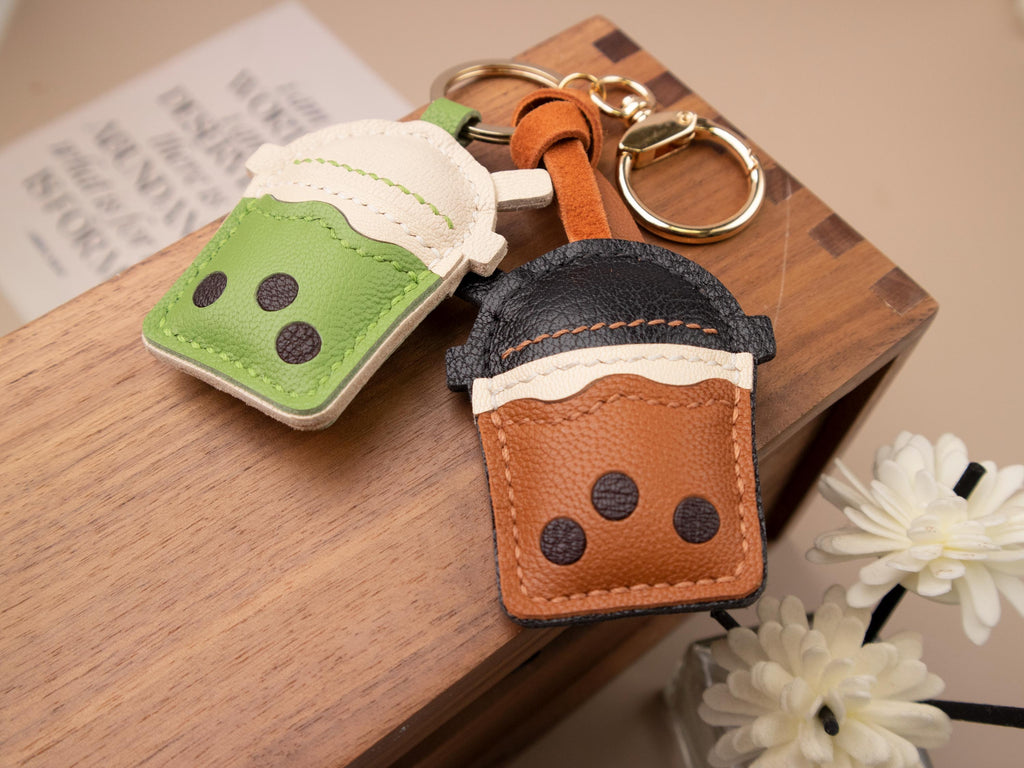 Leather BOBA bag Charm, Leather Bag Charm, Matcha tea Leather Handbag and Purse Charm, BOBA Keychain, Leather Gift, Bag Charm for Handbag