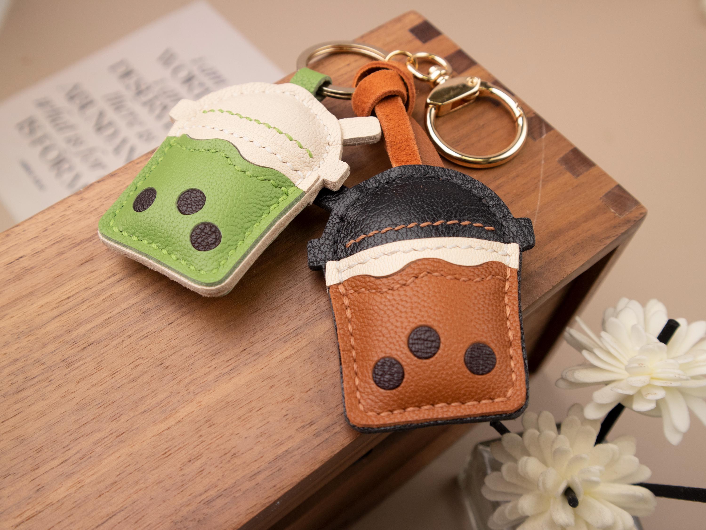 Leather BOBA bag Charm, Leather Bag Charm, Matcha tea Leather Handbag and Purse Charm, BOBA Keychain, Leather Gift, Bag Charm for Handbag
