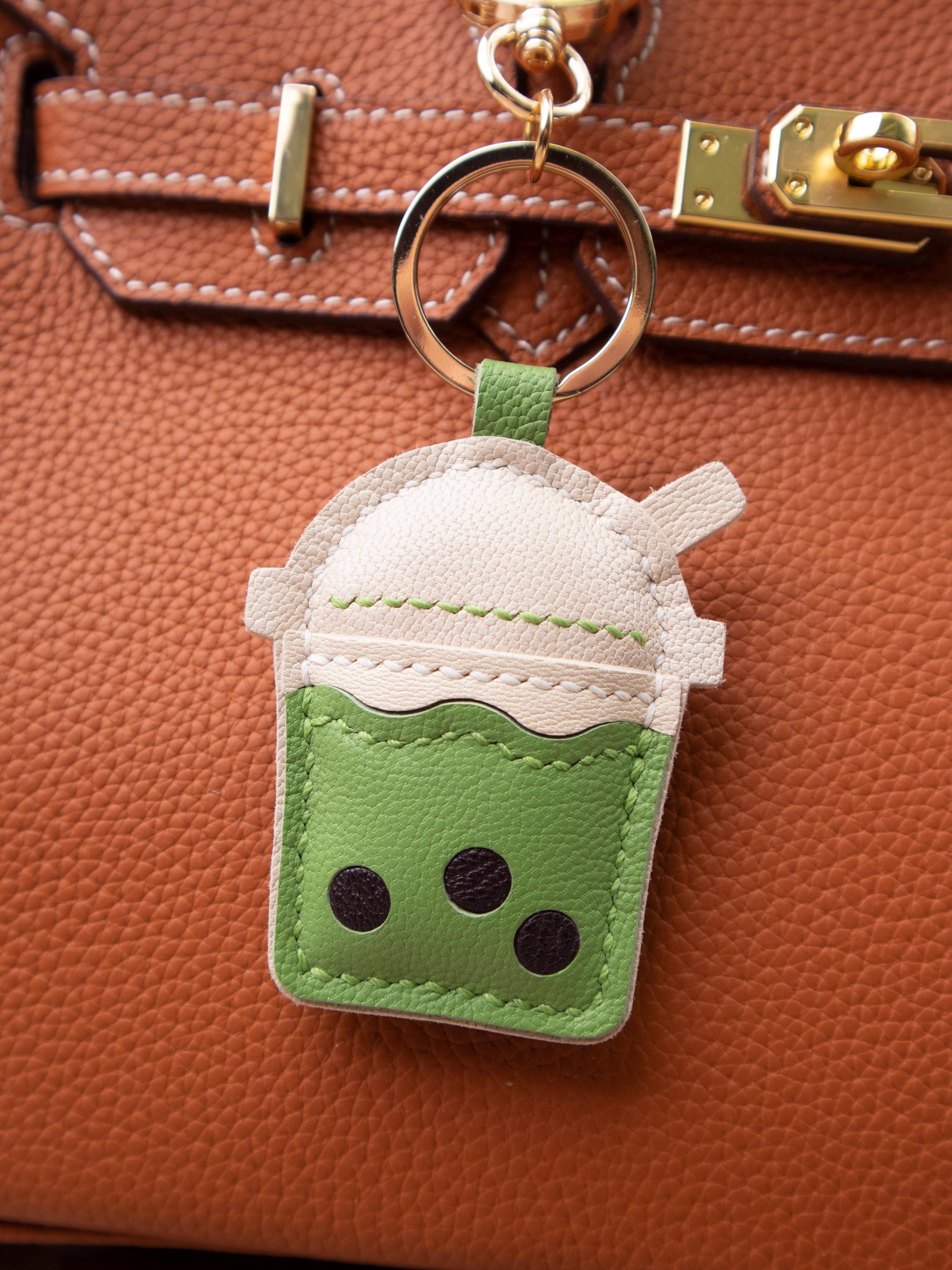 Leather BOBA bag Charm, Leather Bag Charm, Matcha tea Leather Handbag and Purse Charm, BOBA Keychain, Leather Gift, Bag Charm for Handbag