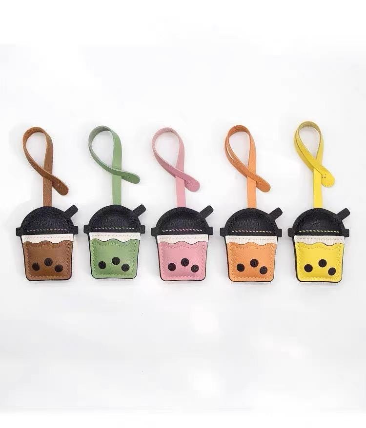 Leather BOBA bag Charm, Leather Bag Charm, Matcha tea Leather Handbag and Purse Charm, BOBA Keychain, Leather Gift, Bag Charm for Handbag