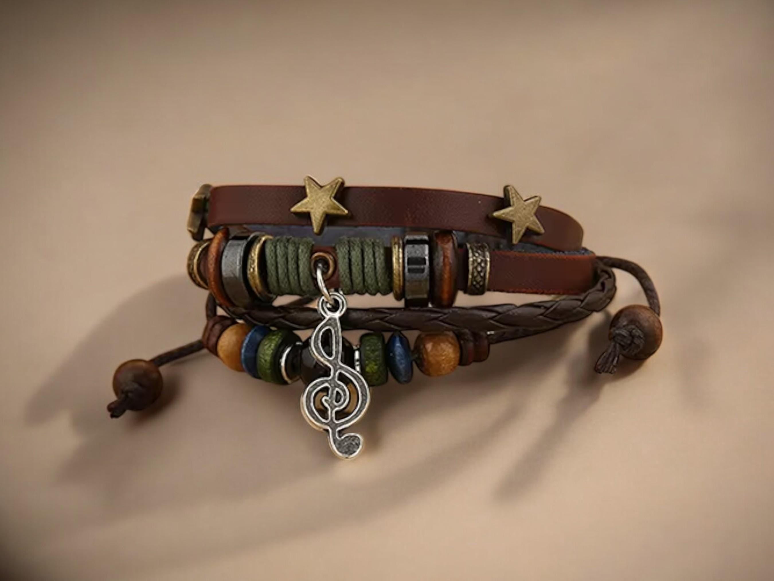 Unisex Music Beads Bracelet – Handmade Adjustable Knitted Leather Wristband for Men &amp; Women