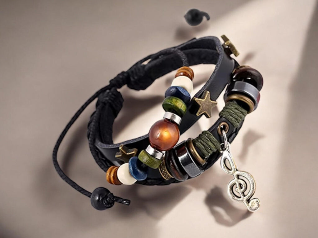 Unisex Music Beads Bracelet – Handmade Adjustable Knitted Leather Wristband for Men &amp; Women