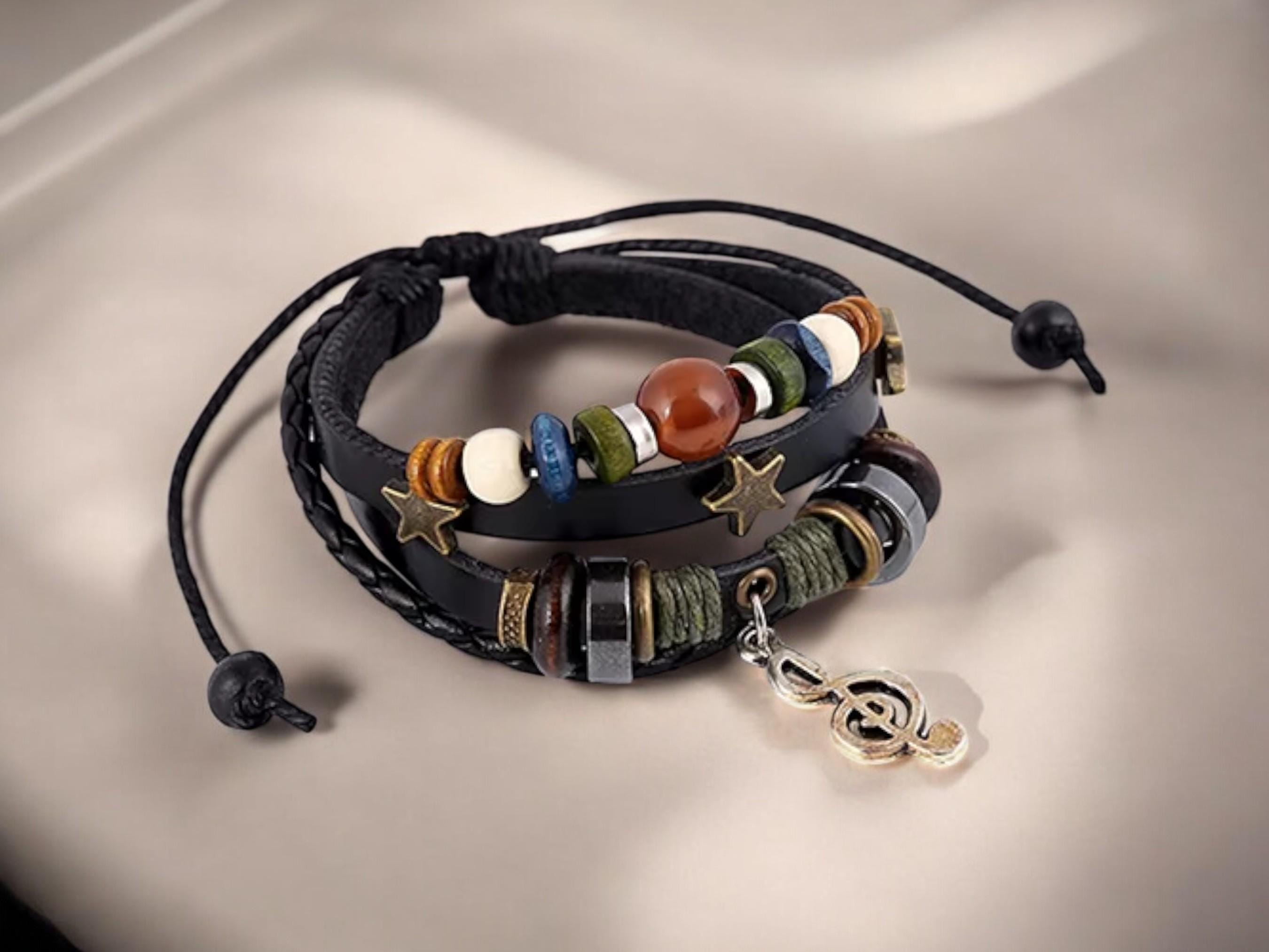 Unisex Music Beads Bracelet – Handmade Adjustable Knitted Leather Wristband for Men &amp; Women