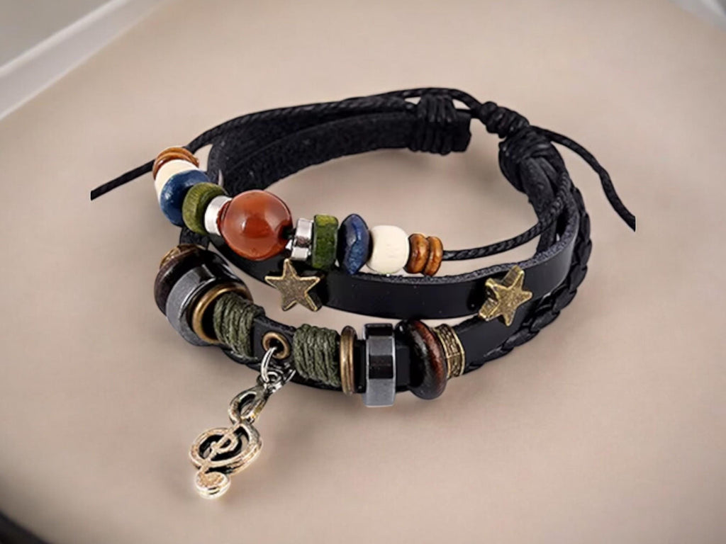 Unisex Music Beads Bracelet – Handmade Adjustable Knitted Leather Wristband for Men &amp; Women