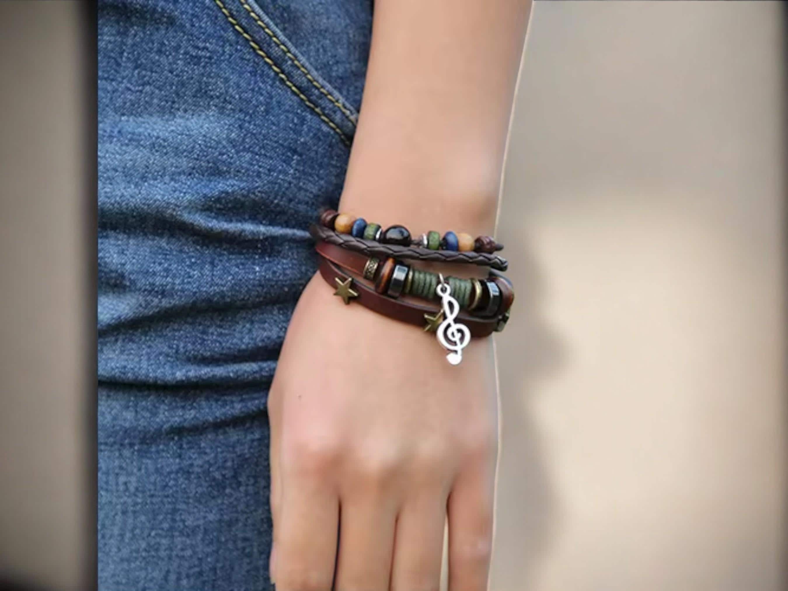 Unisex Music Beads Bracelet – Handmade Adjustable Knitted Leather Wristband for Men &amp; Women