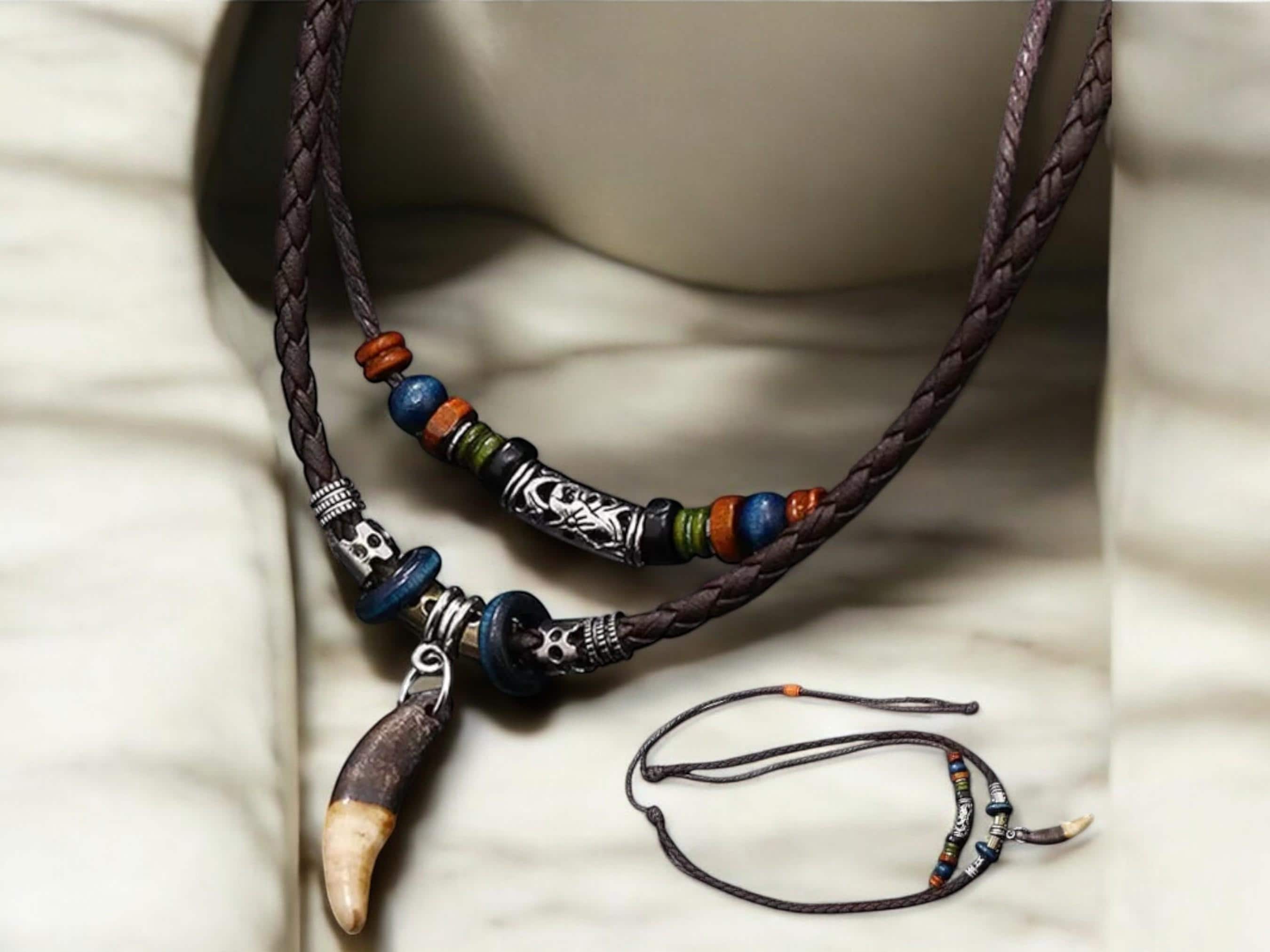 Gothic Wolf Tooth Pendant Necklace – Vintage Multi-Layer Leather &amp; Beaded Prayer Necklace for Men / Women