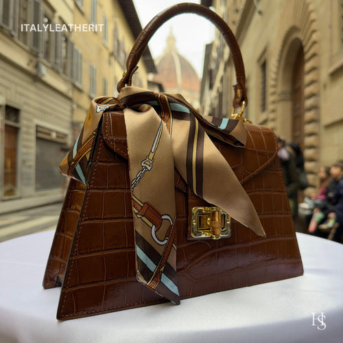Brown Italian Leather Tote Bag – Elegant Top Handle Purse with Scarf
