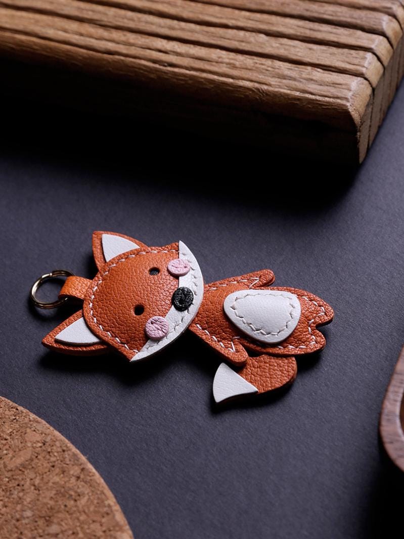 Handmade Leather Fox Bag Charm Keychain