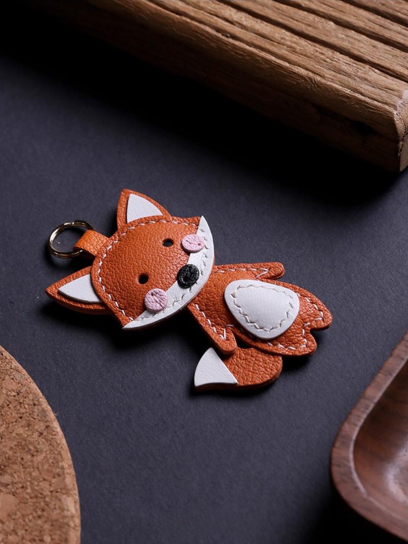 Handmade Leather Fox Bag Charm Keychain