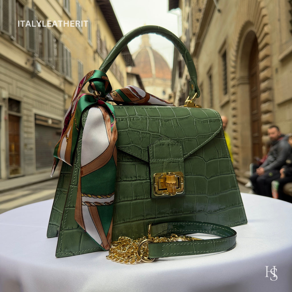 Handmade Italian Leather Tote Bag – Elegant Top Handle Purse with Scarf