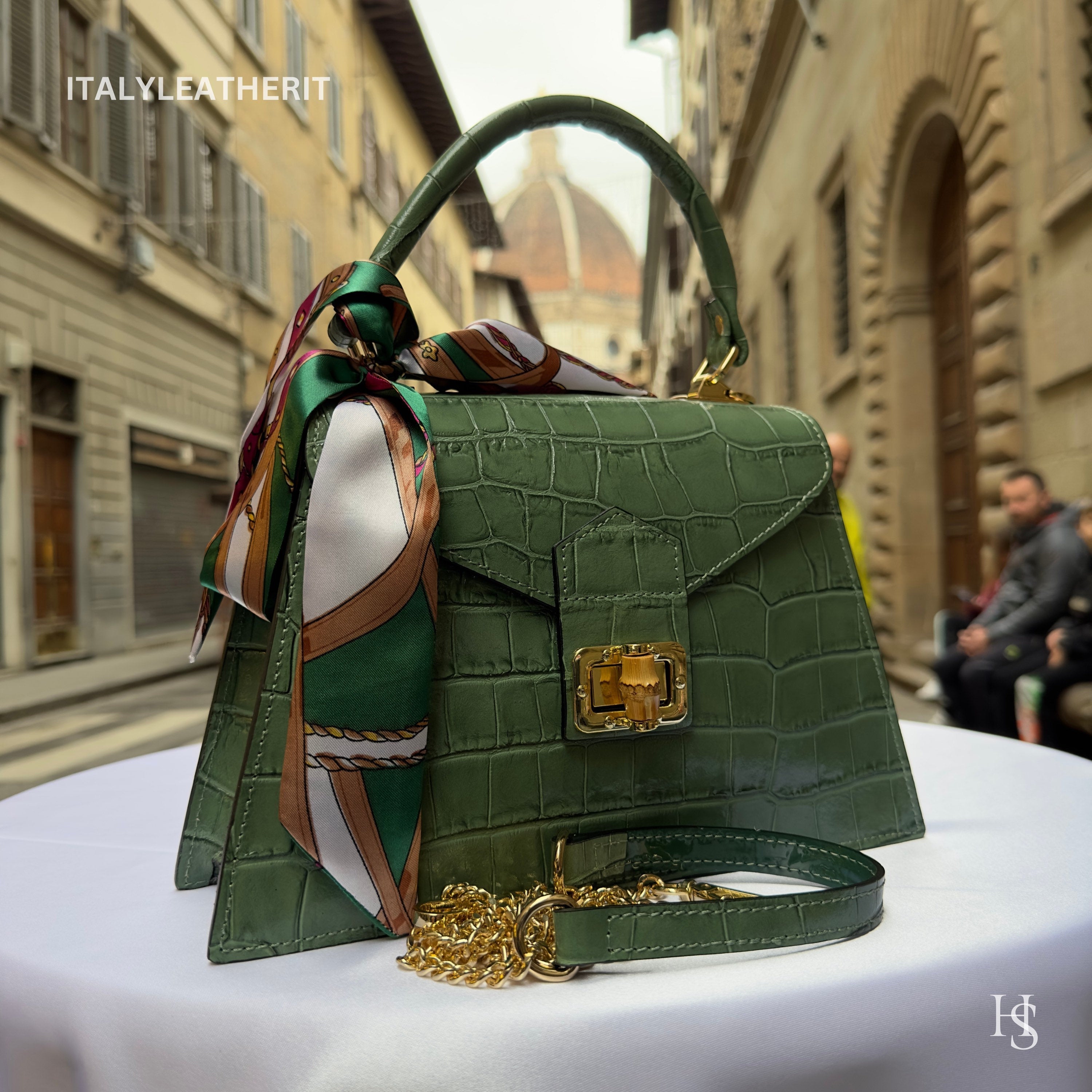 Handmade Italian Leather Tote Bag – Elegant Top Handle Purse with Scarf