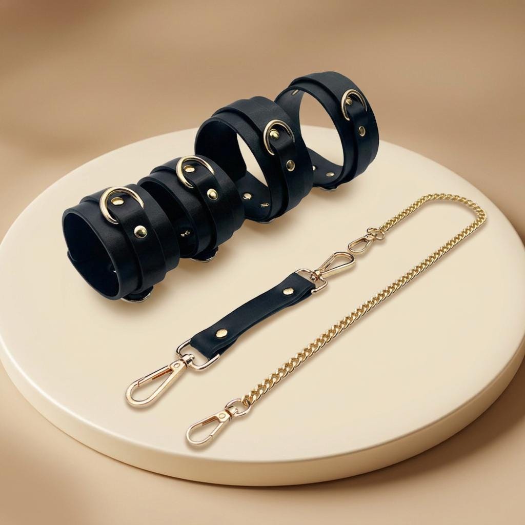 Restraint cuffs set, Leather hand and ankle cuffs, Leather hand bondage, Bondage ankle cuffs, Leather bondage set, Restraint leather cuffs