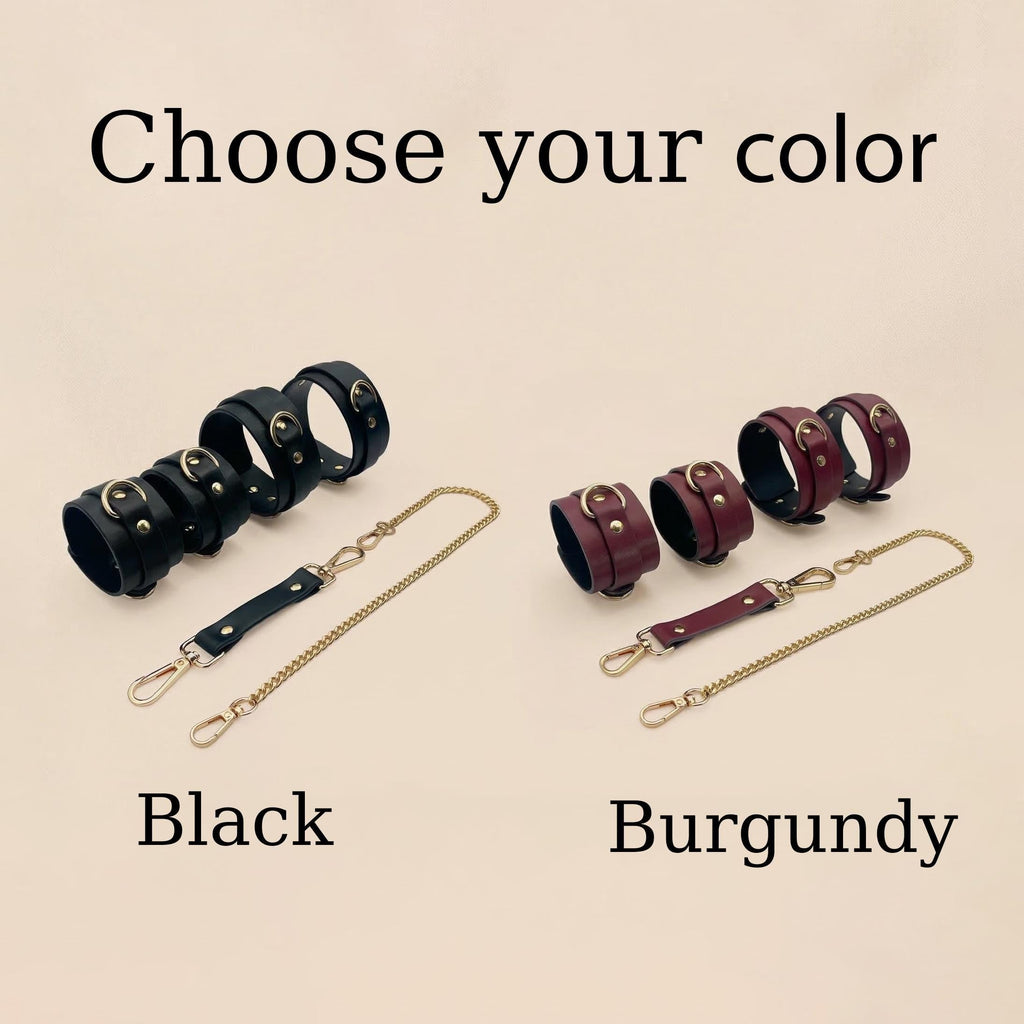 Restraint cuffs set, Leather hand and ankle cuffs, Leather hand bondage, Bondage ankle cuffs, Leather bondage set, Restraint leather cuffs