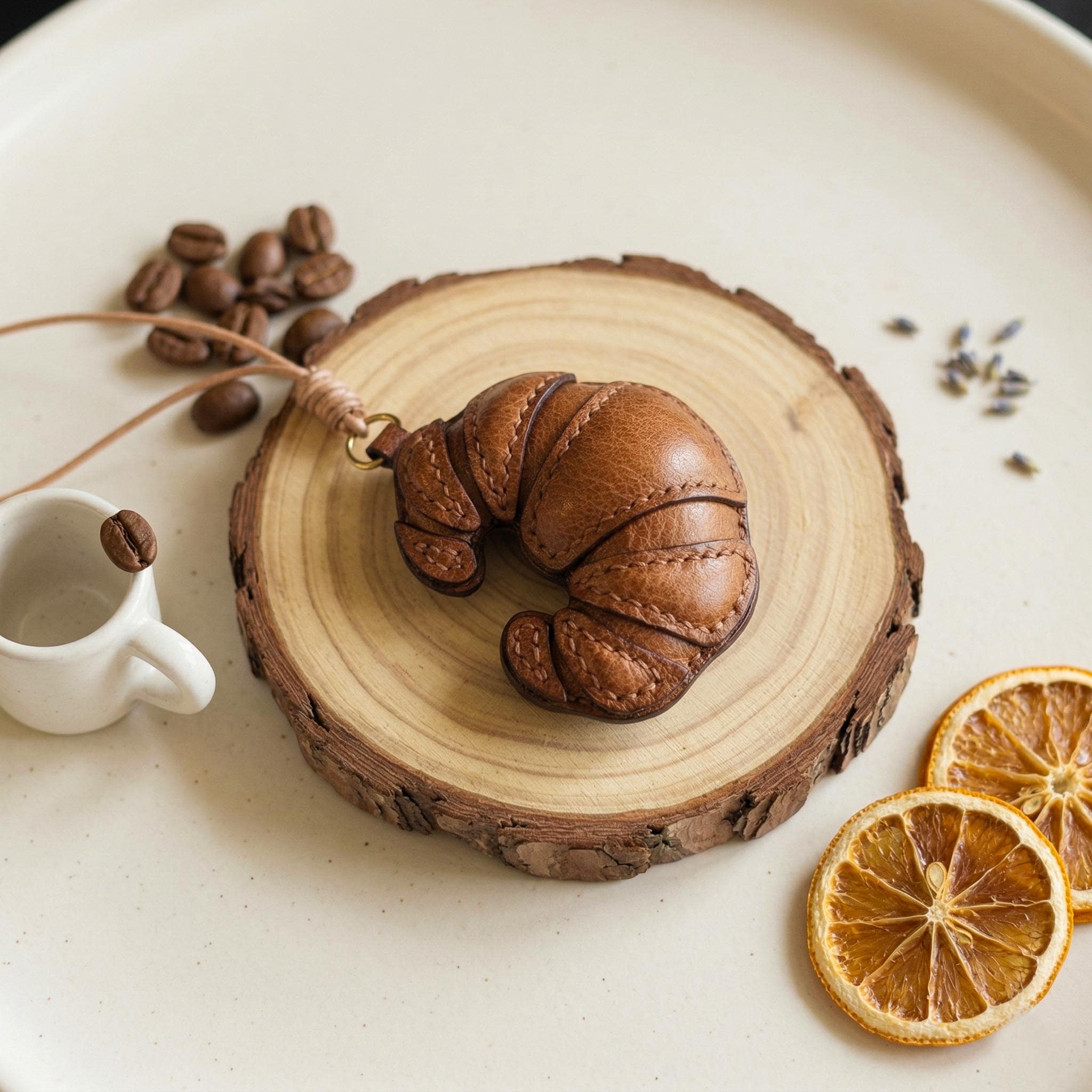 Handmade Leather Croissant Keychain, Realistic French Pastry Bag Charm, Miniature Food Pendant, Unique Gift for Coffee Lover