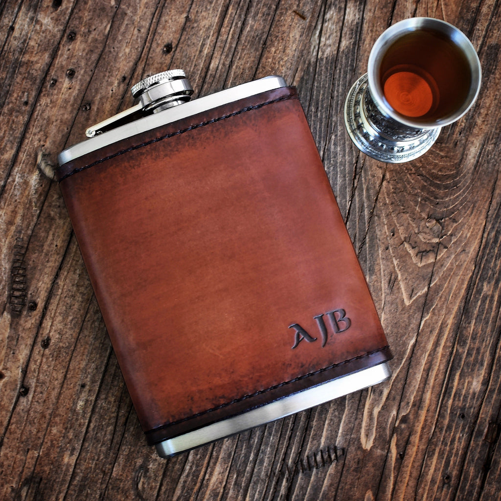 Leather Wrapped Flask with Monogram